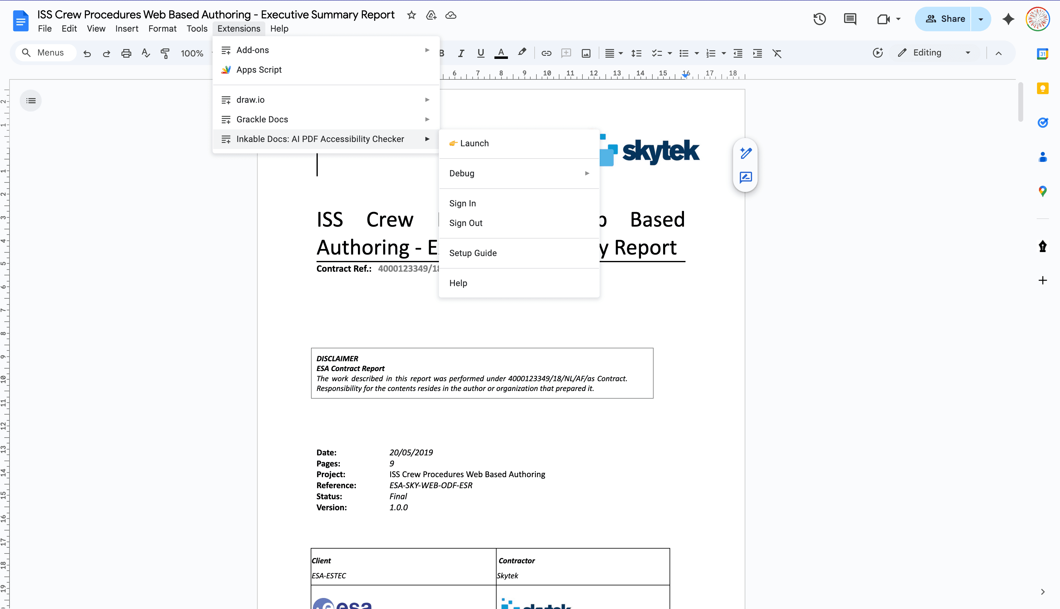 Inkable Docs sidebar dropdown menu