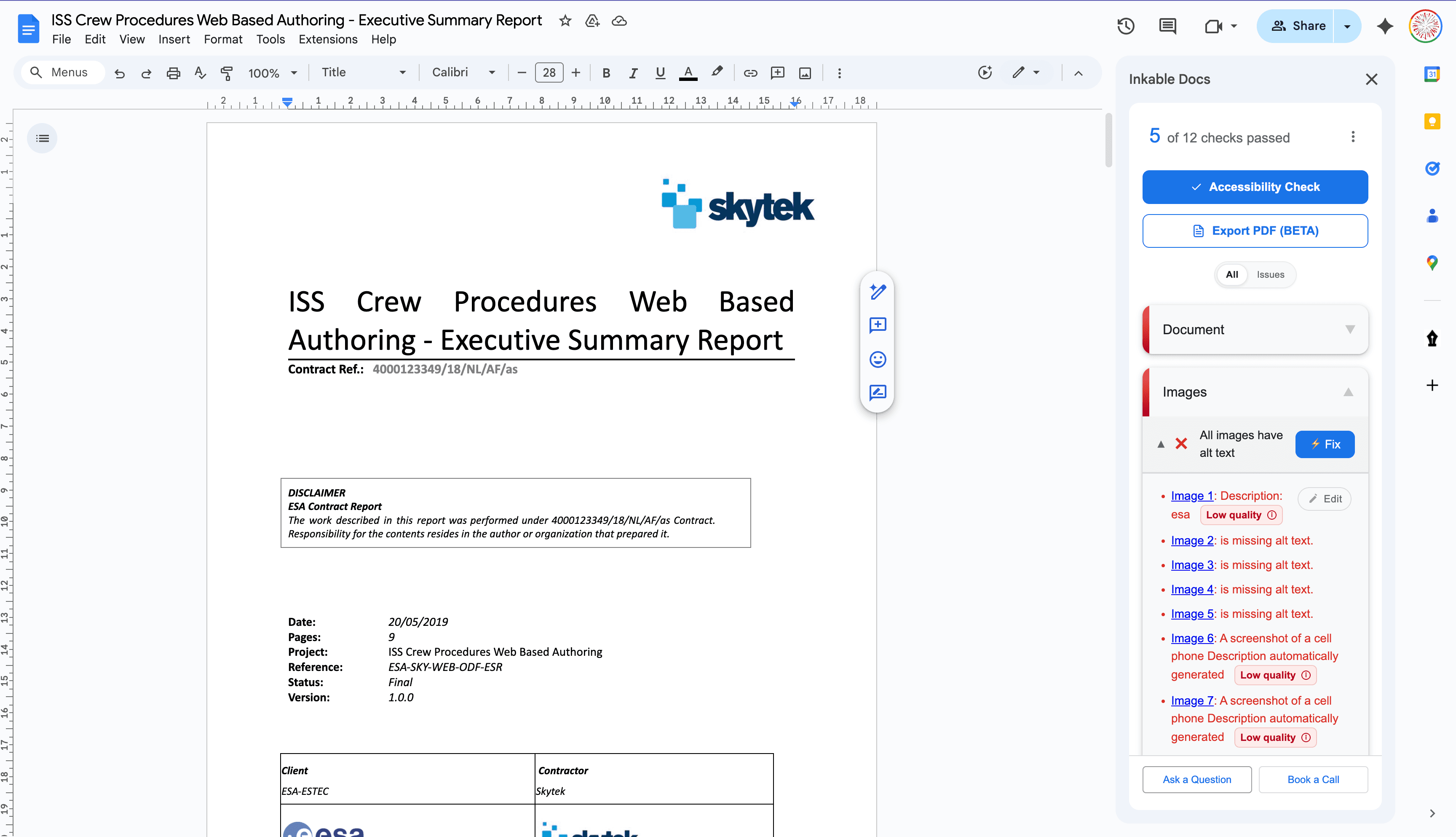 Inkable Docs interface showing accessibility issues identified in a Google Doc