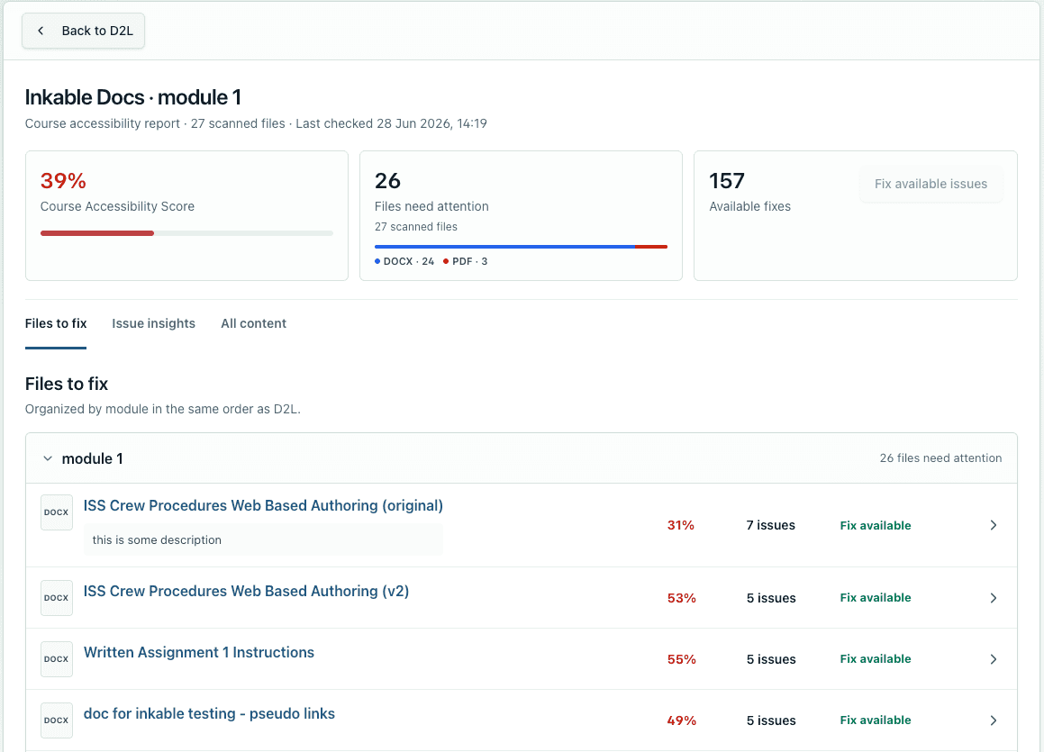 Inkable accessibility report and remediation workflow shown inside D2L Brightspace