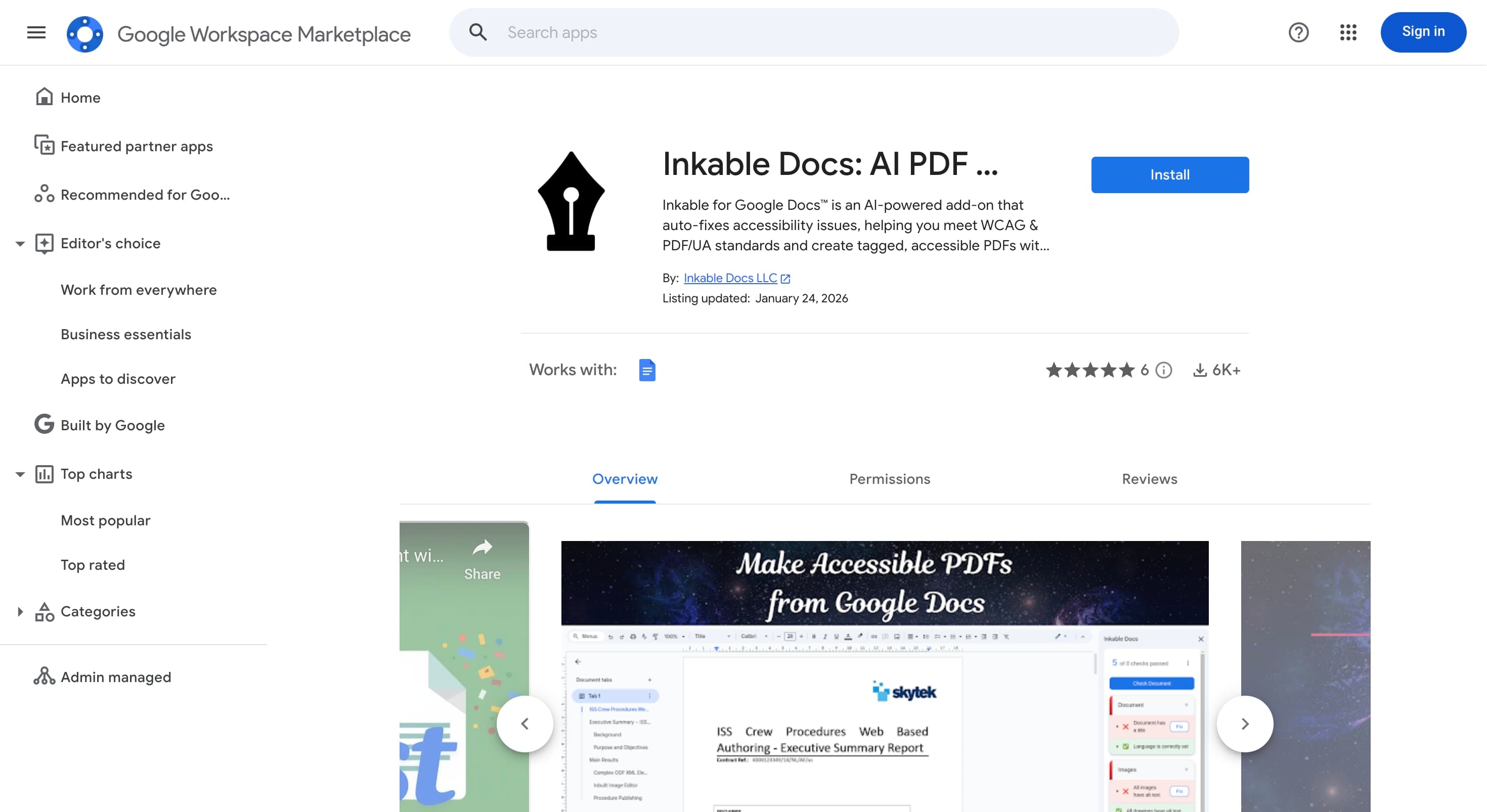 Inkable Docs Marketplace listing with Install button