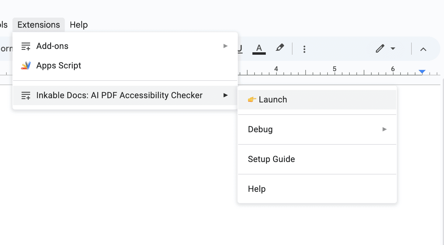 Extensions menu navigation to Inkable Docs Launch