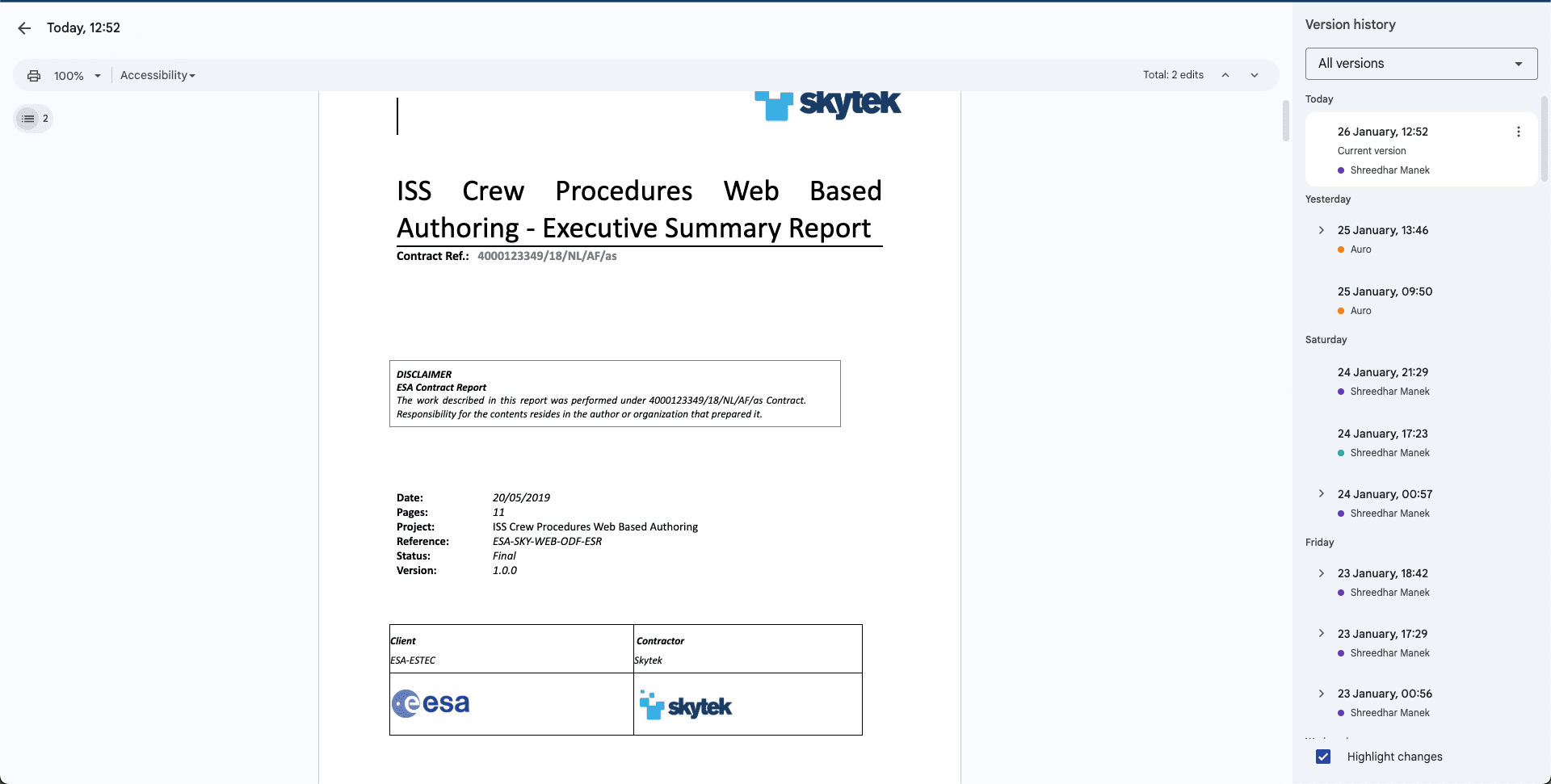Google Docs Undo notification or Version History sidebar