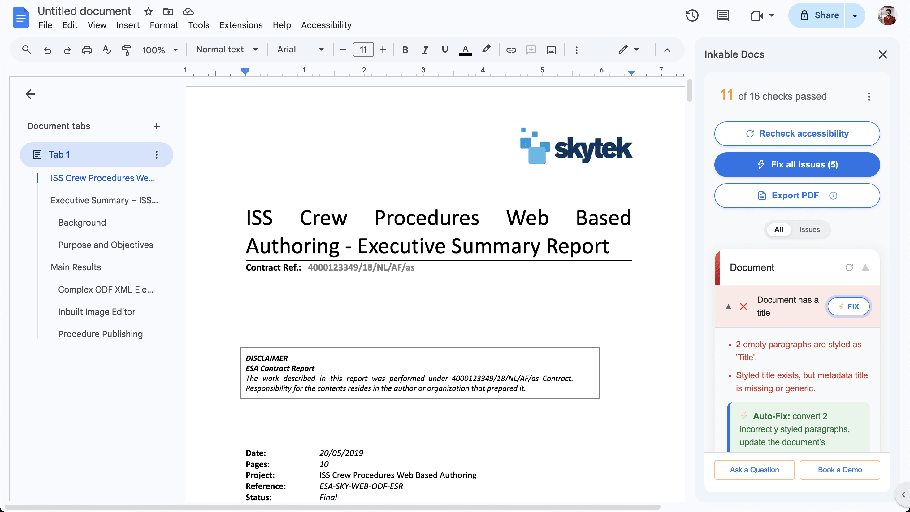Inkable Docs running accessibility checks
